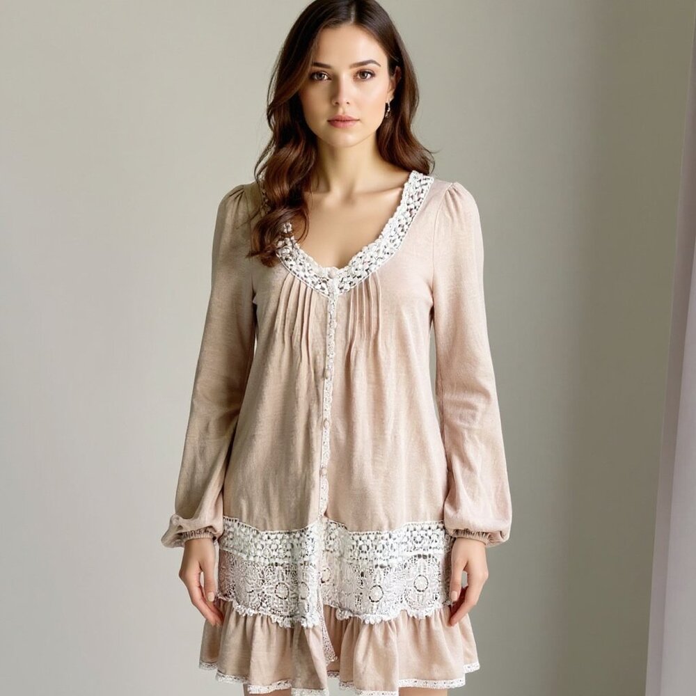 Ryu Crochet Floral Lace Cottagecore Balloon Sleeve Button Front Tunic Dress